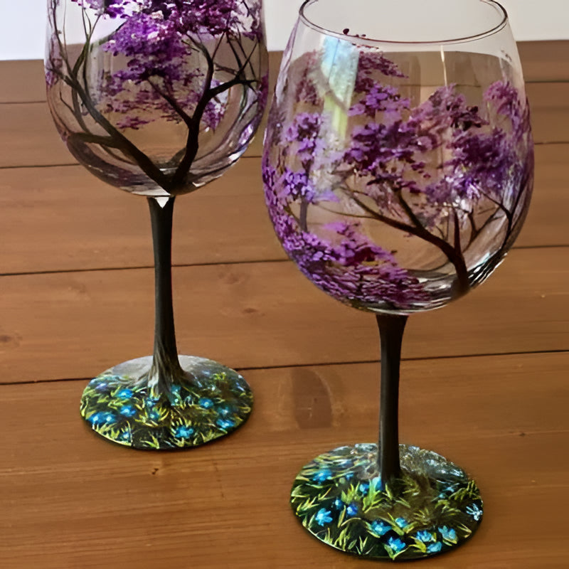 Hand Painted Wine Glasses with Seasonal Tree Design, 12oz Capacity