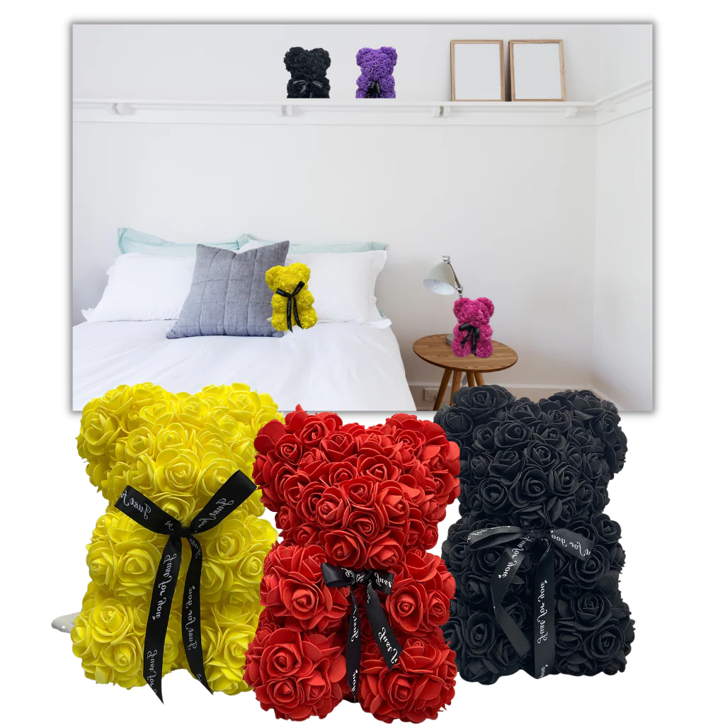 Foam Rose Teddy Bear with Synthetic Petals and Ribbon Neck Accent