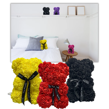 Foam Rose Teddy Bear with Synthetic Petals and Ribbon Neck Accent