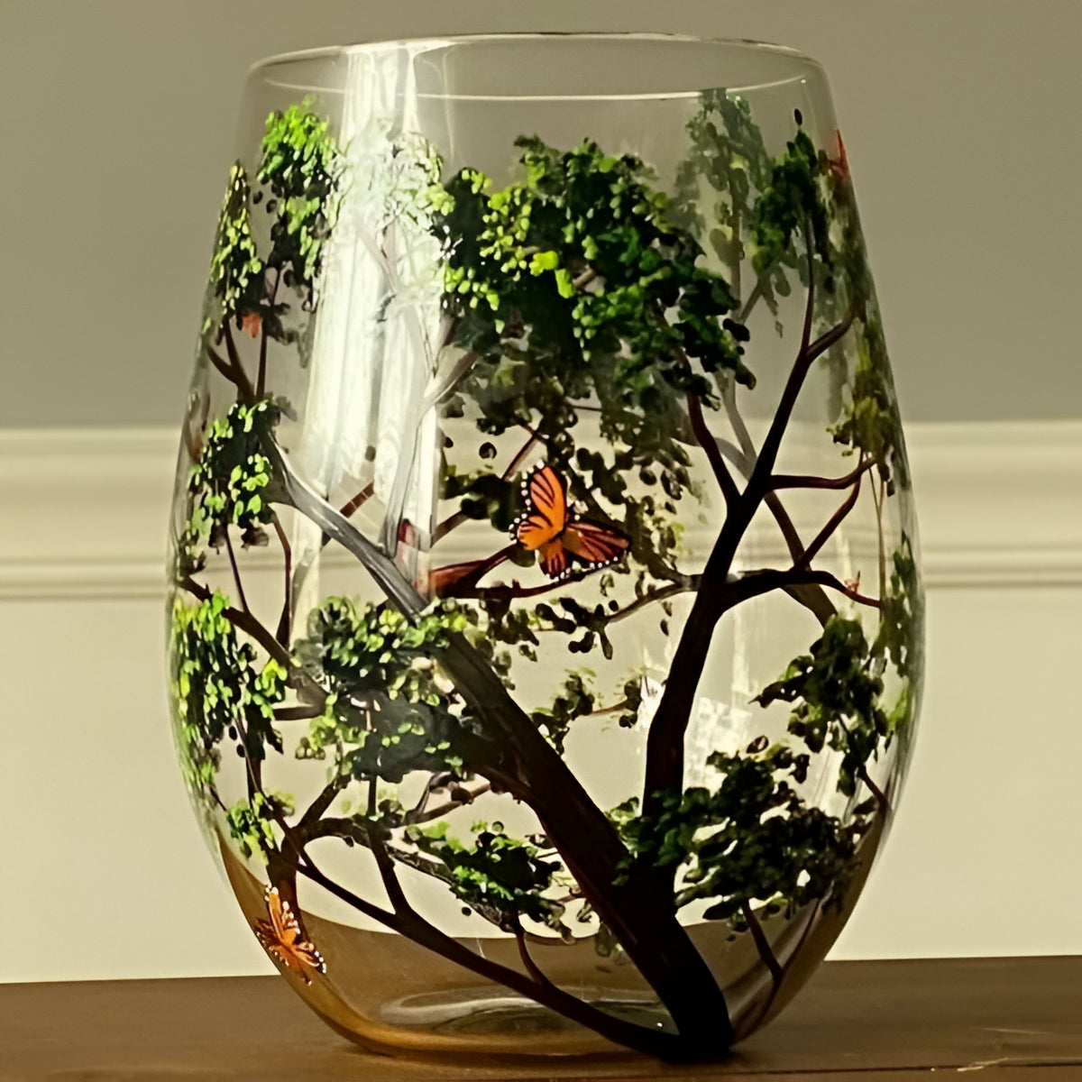 Hand Painted Wine Glasses with Seasonal Tree Design, 12oz Capacity