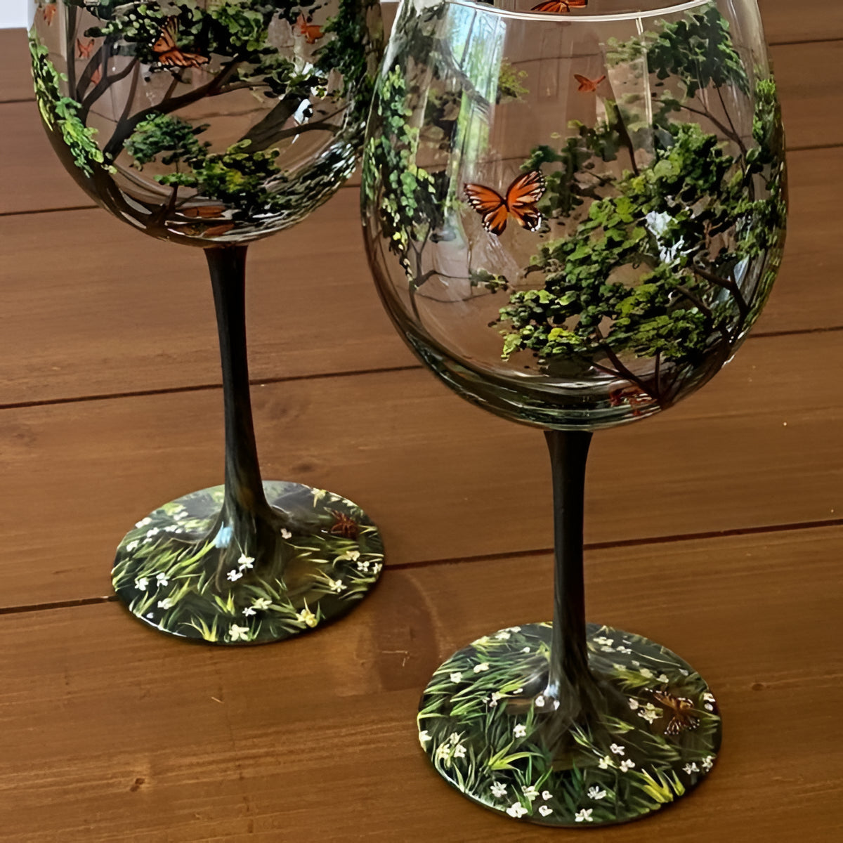 Hand Painted Wine Glasses with Seasonal Tree Design, 12oz Capacity