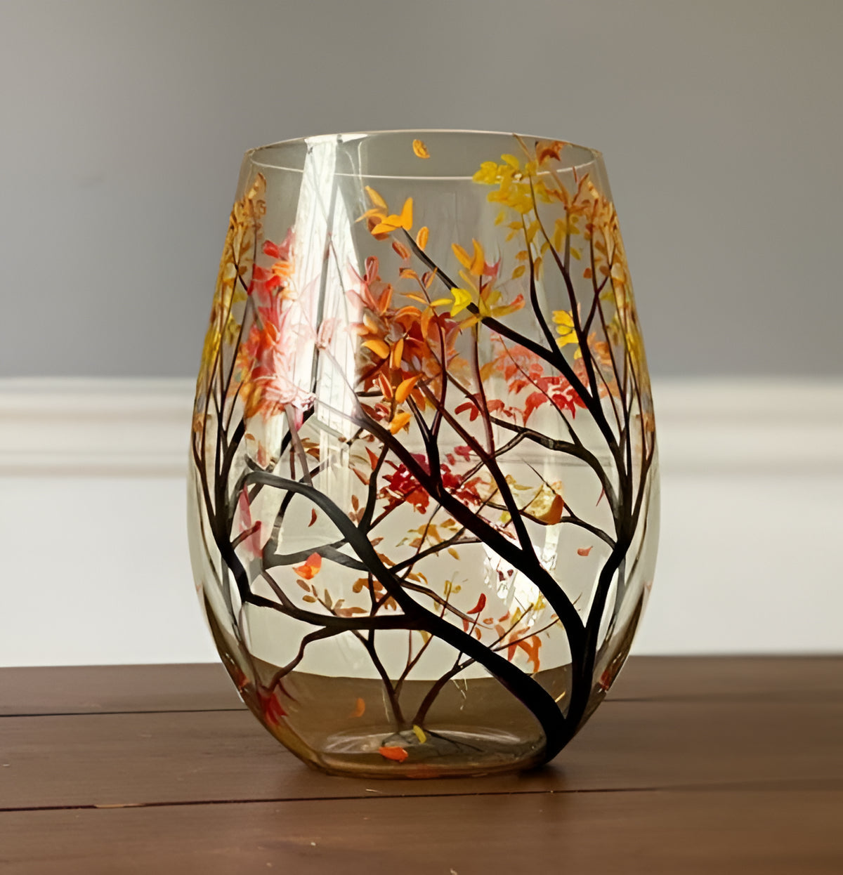 Hand Painted Wine Glasses with Seasonal Tree Design, 12oz Capacity
