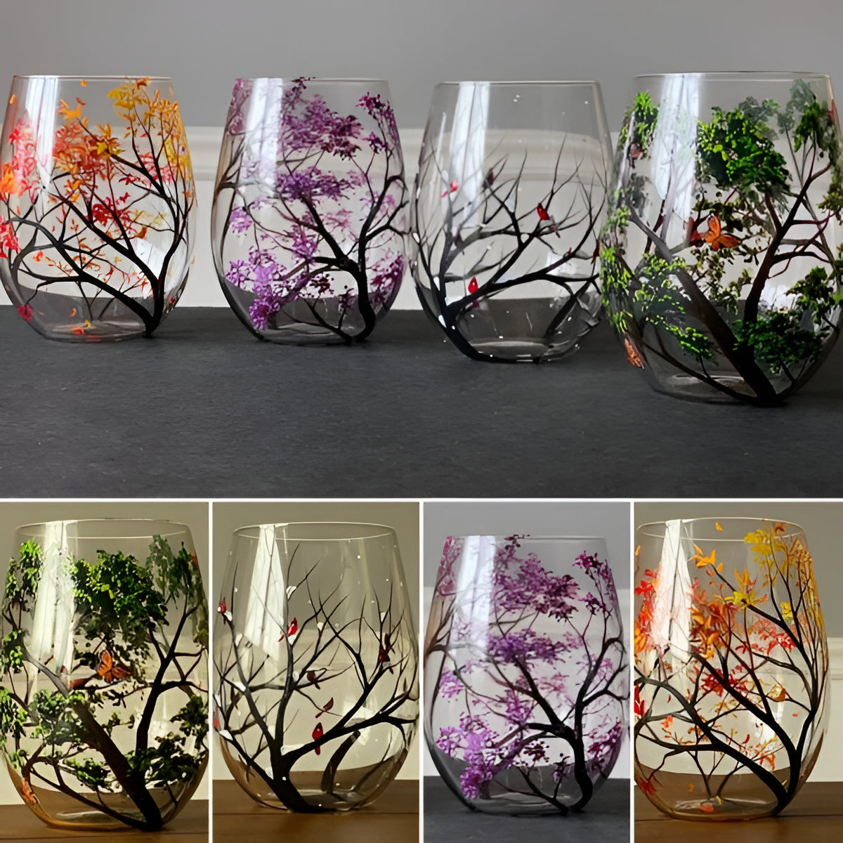 Hand Painted Wine Glasses with Seasonal Tree Design, 12oz Capacity