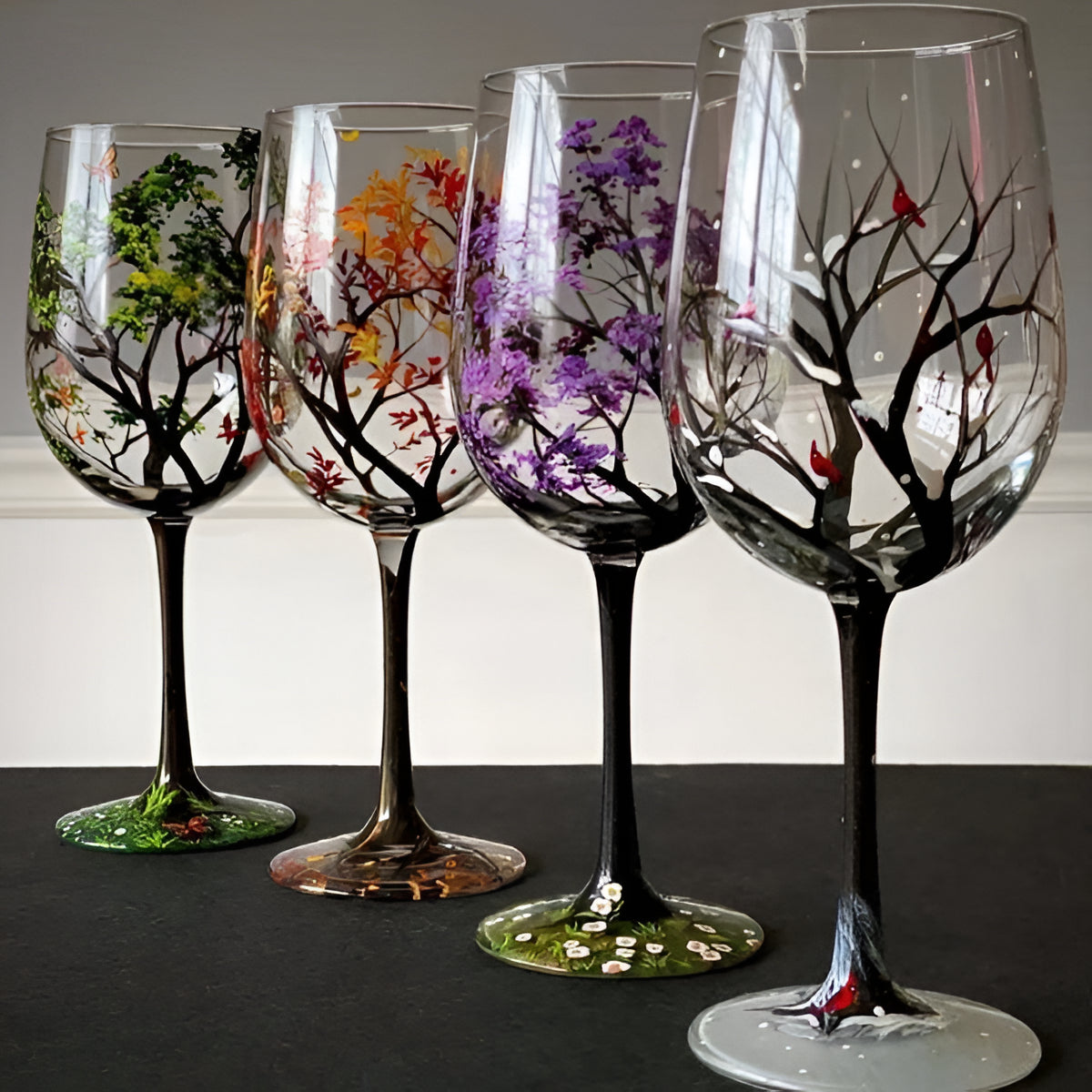 Hand Painted Wine Glasses with Seasonal Tree Design, 12oz Capacity