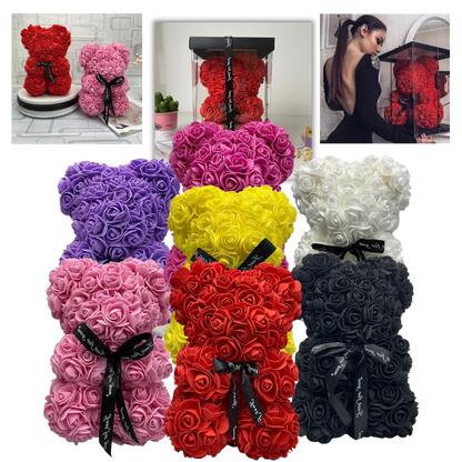 Foam Rose Teddy Bear with Synthetic Petals and Ribbon Neck Accent