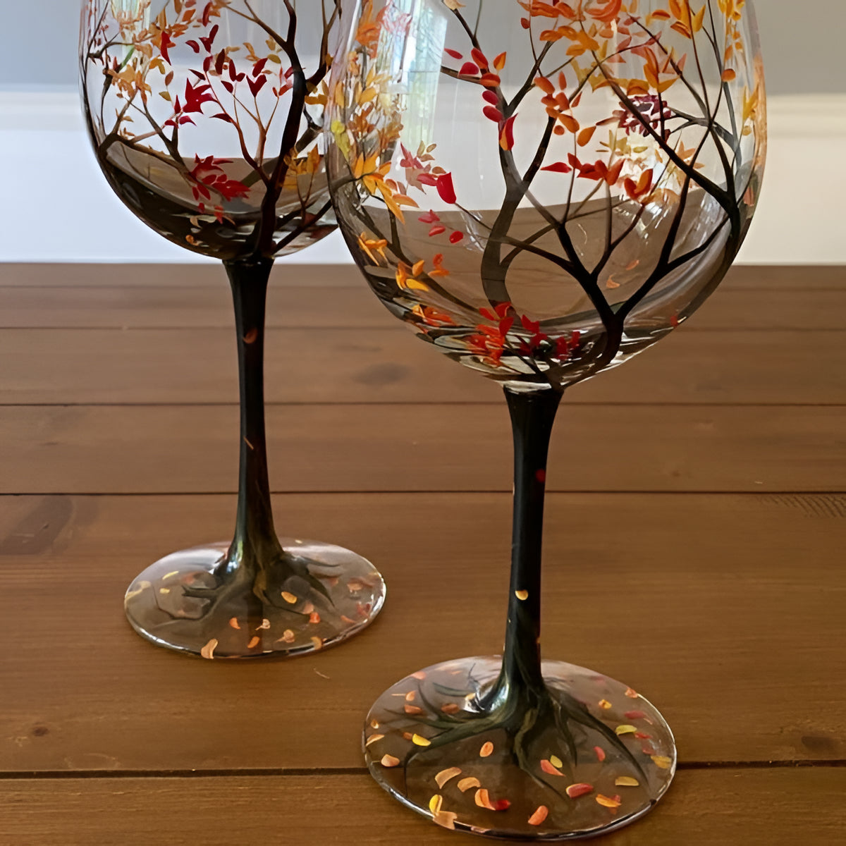 Hand Painted Wine Glasses with Seasonal Tree Design, 12oz Capacity