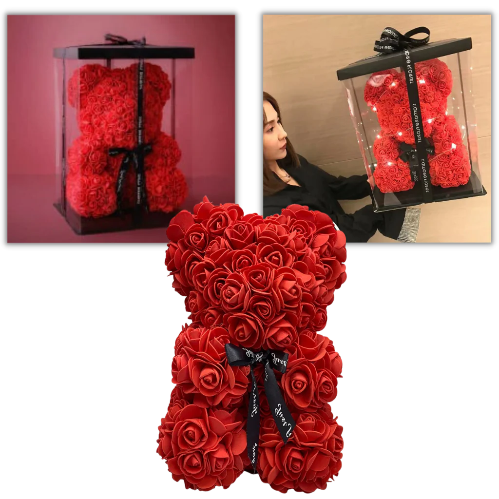 Foam Rose Teddy Bear with Synthetic Petals and Ribbon Neck Accent