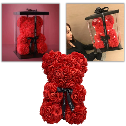 Foam Rose Teddy Bear with Synthetic Petals and Ribbon Neck Accent