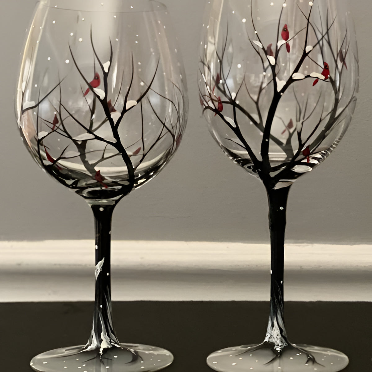 Hand Painted Wine Glasses with Seasonal Tree Design, 12oz Capacity